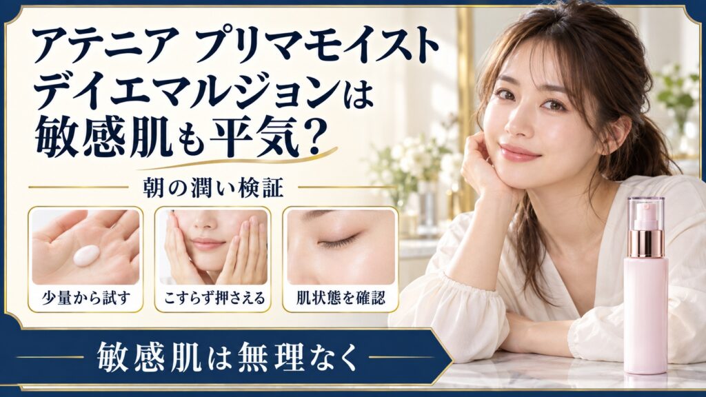 アテニア プリマモイスト デイエマルジョンの敏感肌向け朝ケアを示す美容ボード