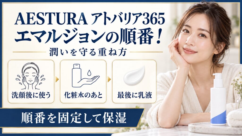 AESTURA アトバリア365 エマルジョンの順番と重ね方を示す美容ボード