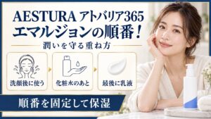 AESTURA アトバリア365 エマルジョンの順番と重ね方を示す美容ボード