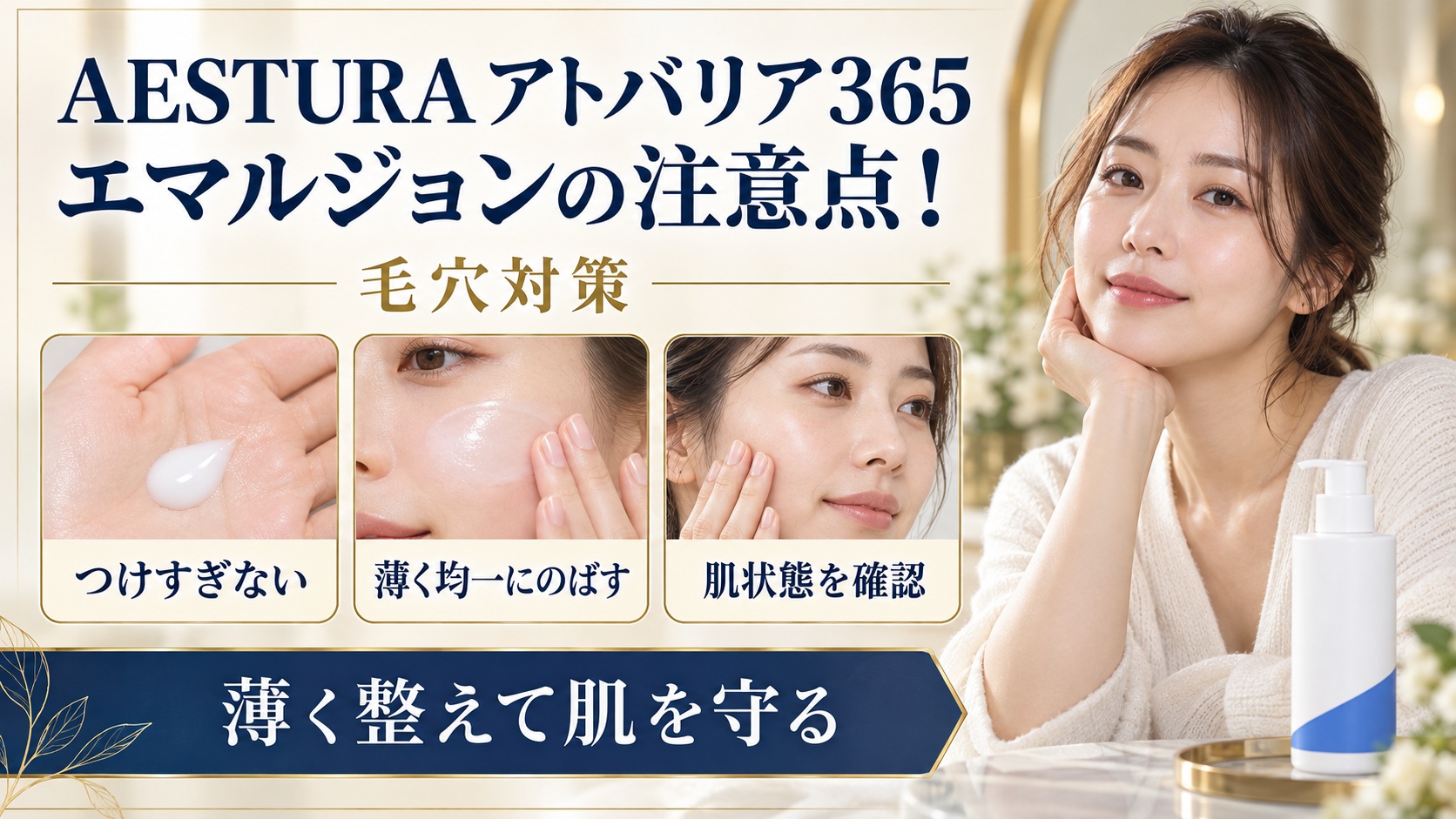 AESTURA アトバリア365 エマルジョンの注意点と毛穴対策を示す美容ボード