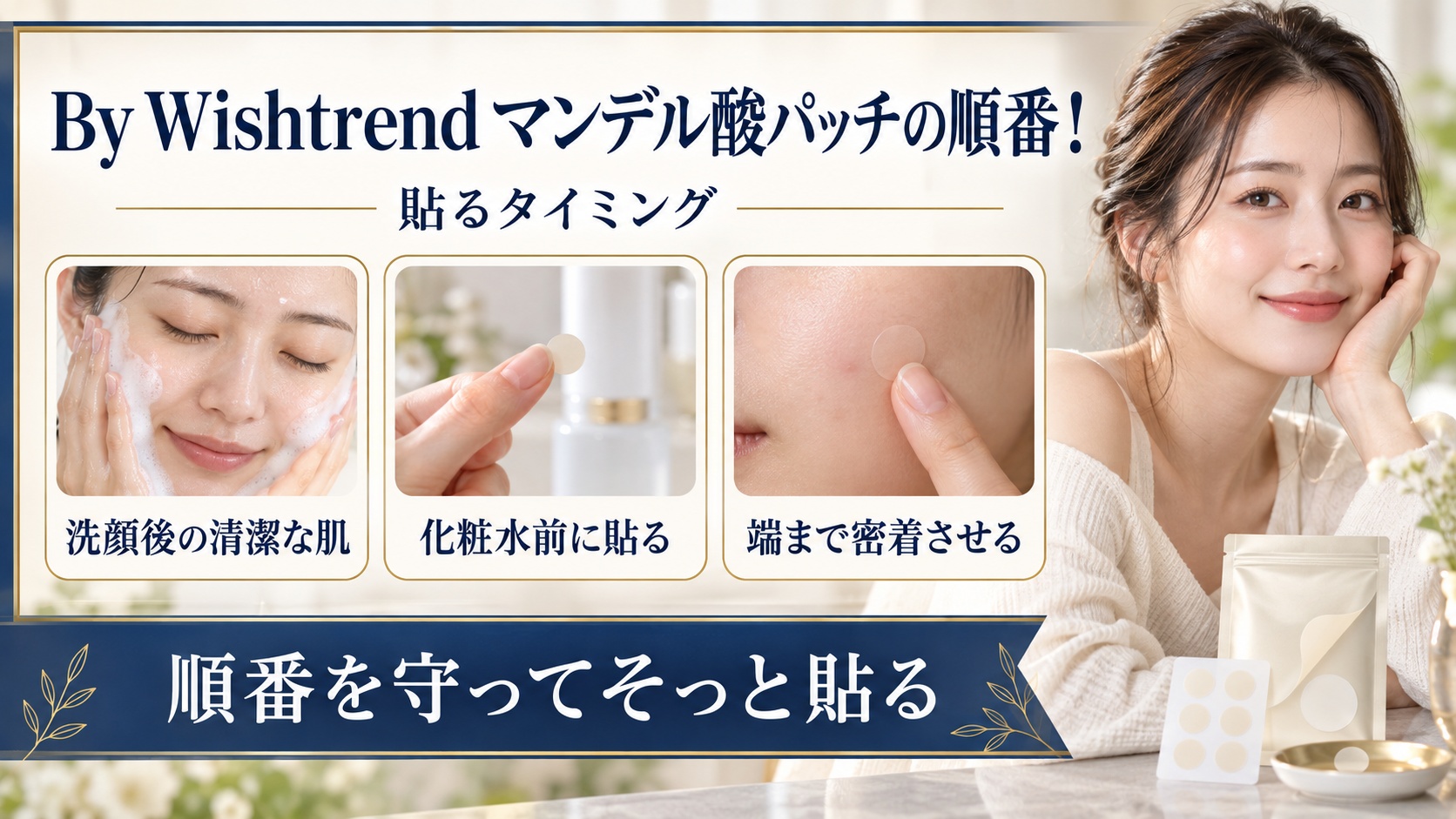 By Wishtrend マンデル酸パッチを貼る順番とタイミングを示す美容ボード