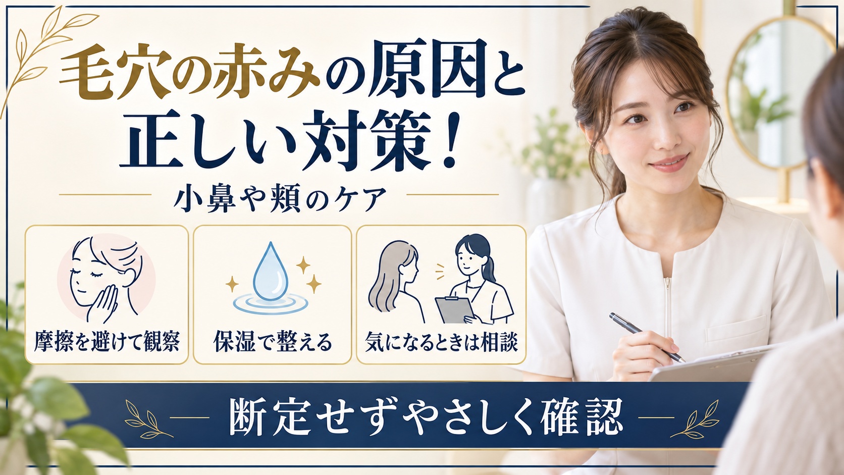 毛穴の赤みを観察しやさしくケアする方法を示す美容ボード
