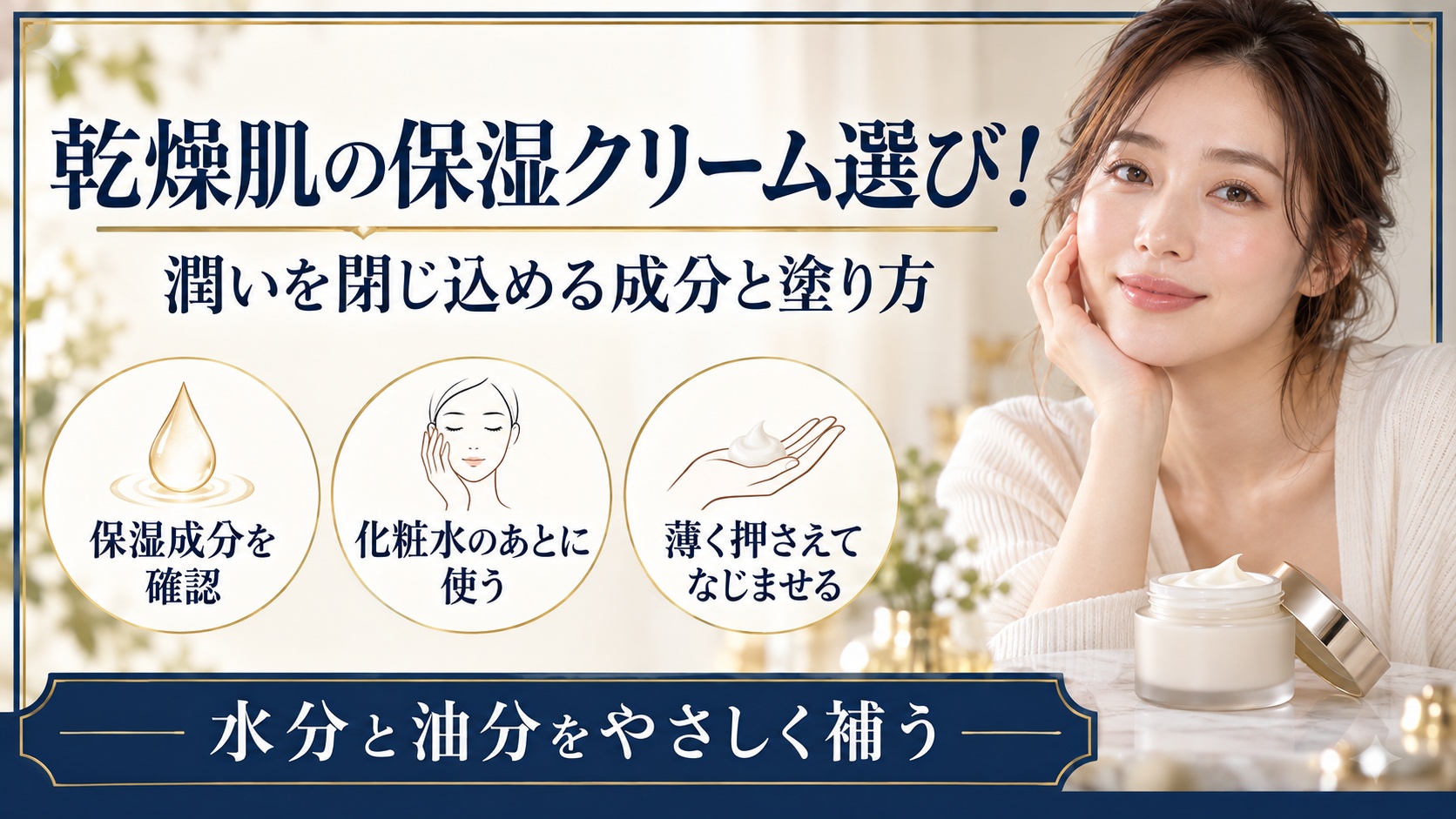 乾燥肌の保湿クリーム選びと正しい塗り方を示す美容ボード
