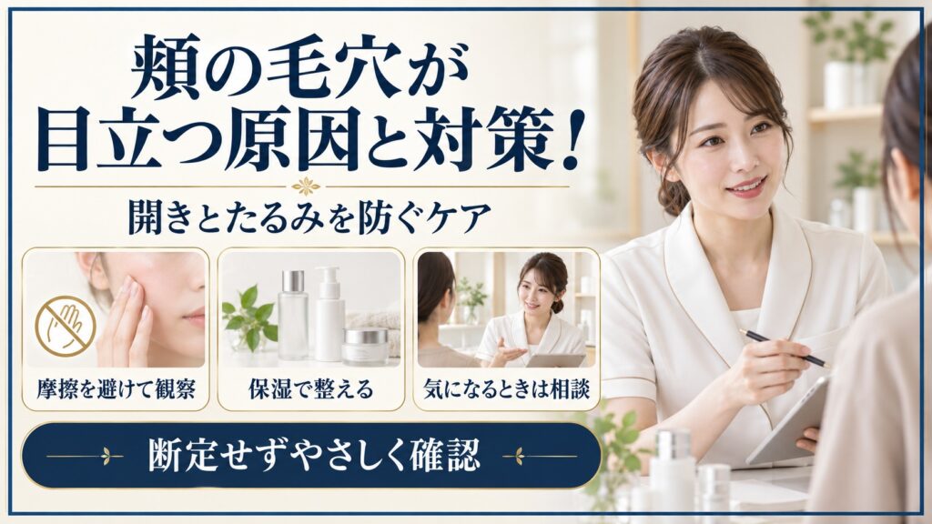 頬の毛穴を観察しやさしくケアする方法を示す美容ボード