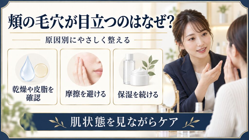 頬の毛穴の原因を確認し摩擦を避け保湿する美容ボード