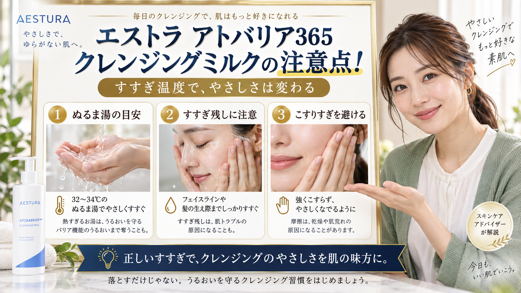 エストラ アトバリア365クレンジングミルクの注意点!すすぎ温度 アイキャッチ