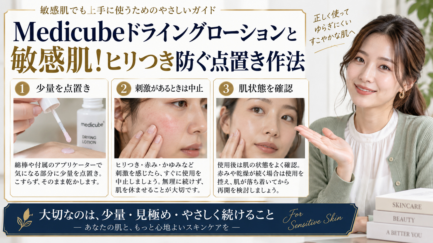 Medicubeドライングローションと敏感肌!ヒリつき防ぐ点置き作法 アイキャッチ