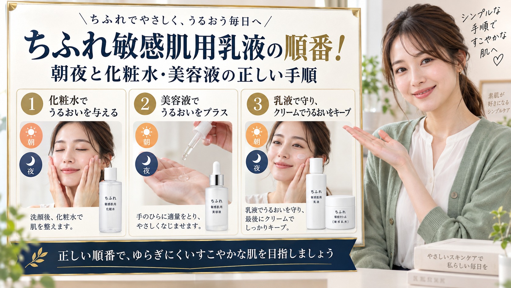 ちふれ敏感肌用乳液の順番！朝夜と化粧水・美容液の正しい手順 アイキャッチ