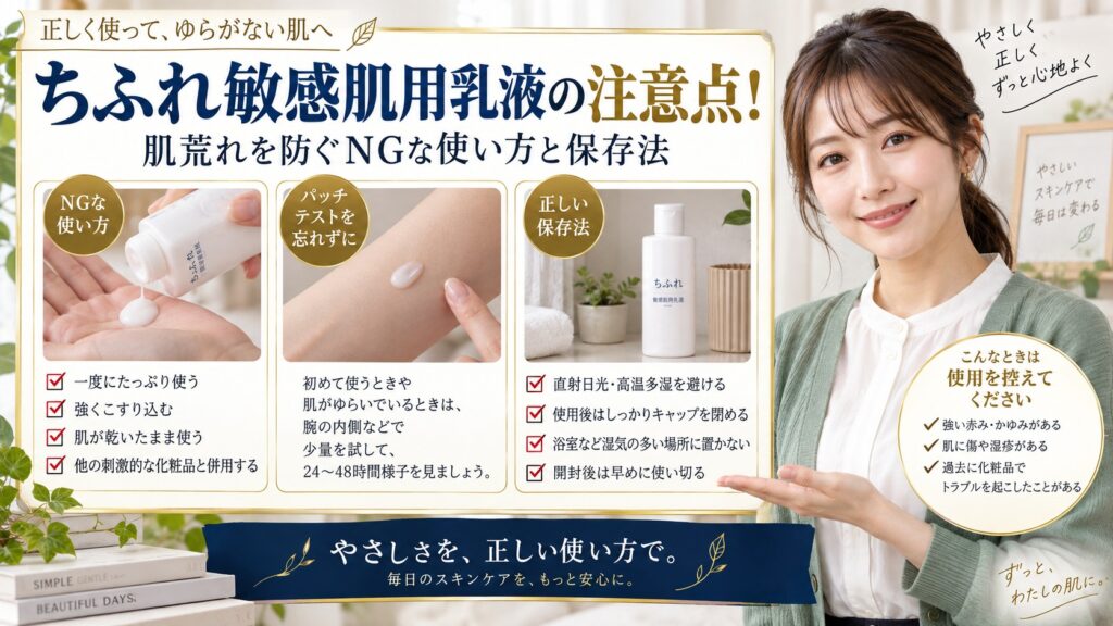 ちふれ敏感肌用乳液の注意点！肌荒れを防ぐNGな使い方と保存法 アイキャッチ