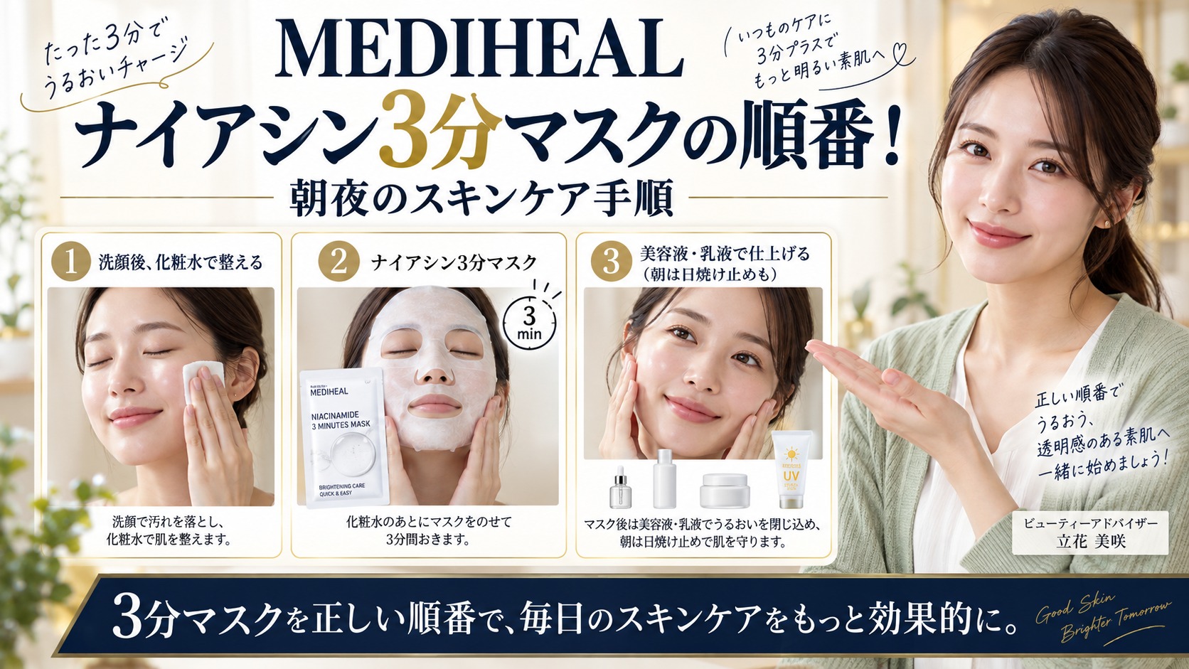MEDIHEALナイアシン3分マスクの順番!朝夜のスキンケア手順 アイキャッチ