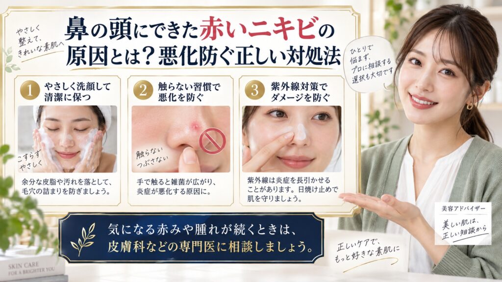 鼻の頭にできた赤いニキビの原因とは？悪化防ぐ正しい対処法 アイキャッチ
