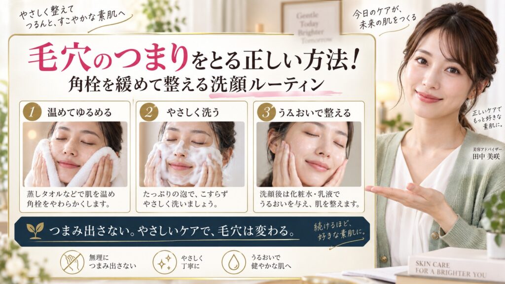 毛穴のつまりをとる正しい方法！角栓を緩めて整える洗顔ルーティン アイキャッチ