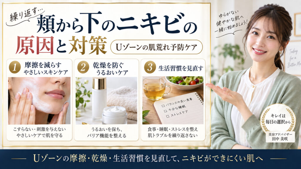 頬から下のニキビができる原因と対策！Uゾーンの肌荒れ予防ケア アイキャッチ