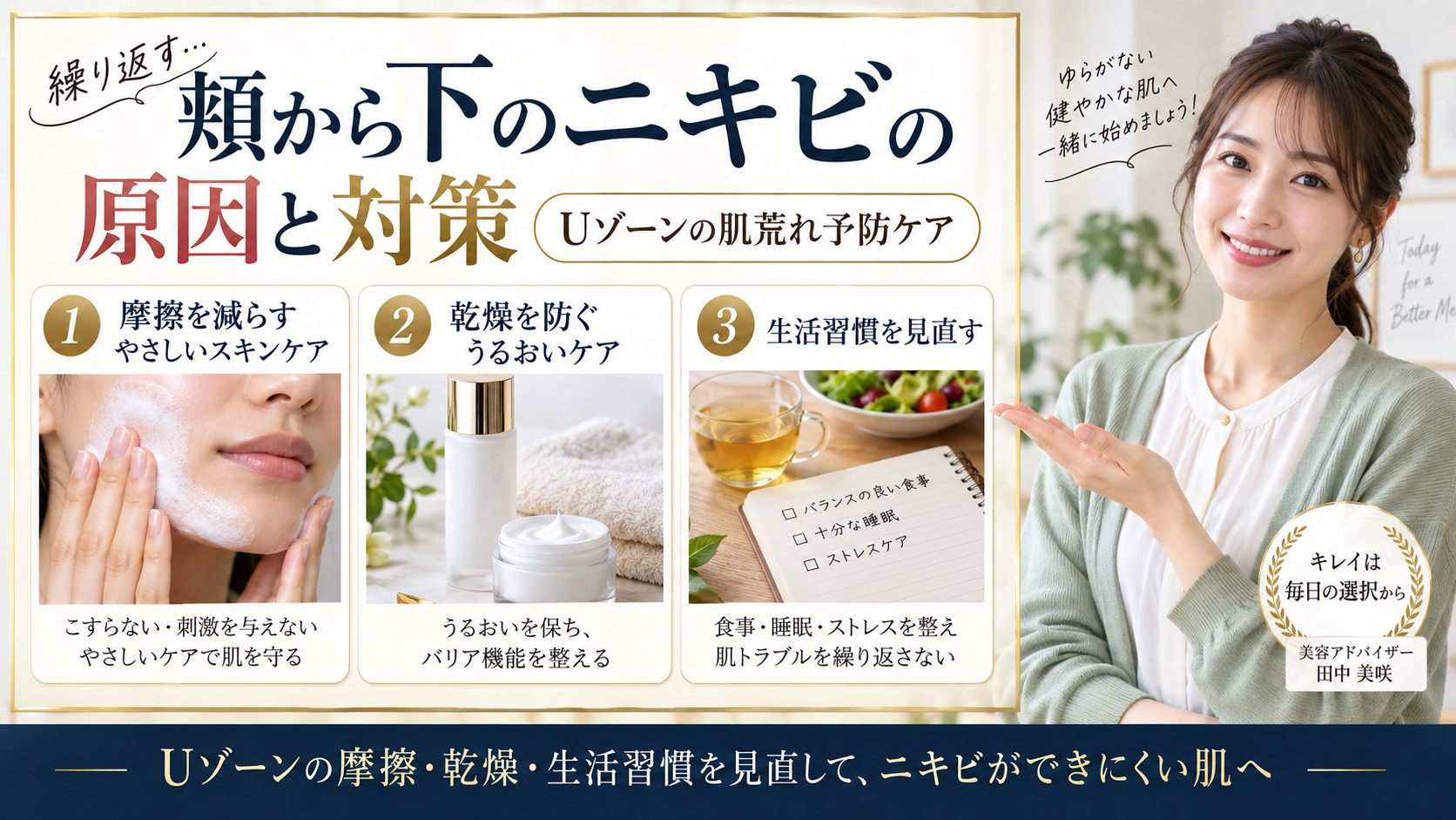 頬から下のニキビができる原因と対策!Uゾーンの肌荒れ予防ケア アイキャッチ