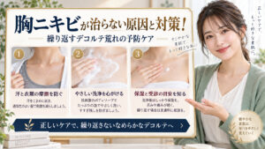 胸ニキビが治らない原因と対策！繰り返すデコルテ荒れの予防ケア アイキャッチ