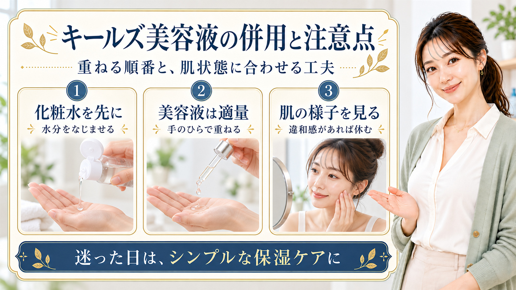 化粧水、美容液、肌状態に合わせた使い方を案内するキールズ美容液の併用解説ボード