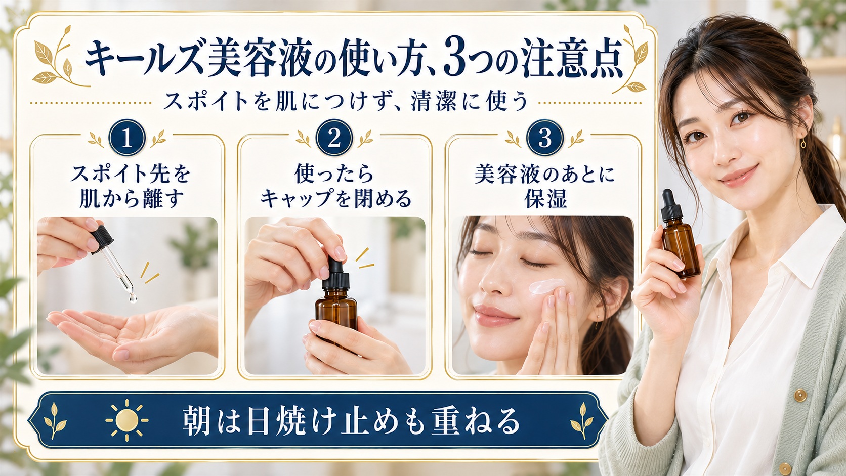 スポイトを肌から離して手のひらに取り、使用後はキャップを閉めて保湿する注意点を示した美容解説ボード