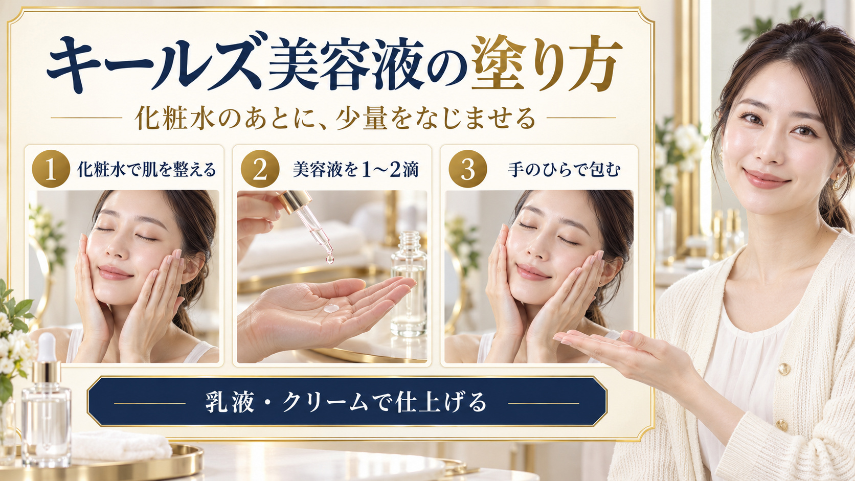 化粧水のあとに美容液を少量なじませ、乳液やクリームで仕上げる手順を示したアイキャッチ
