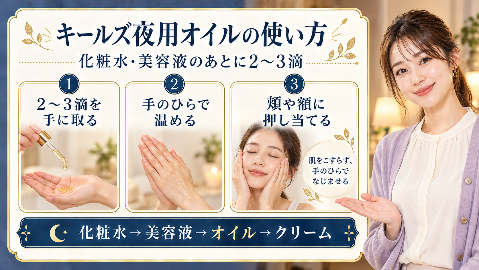 化粧水と美容液の後に2〜3滴を手のひらでなじませる夜用オイルの使い方