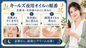 化粧水、美容液、夜用オイルの順に重ね、必要なら最後にクリームを薄く加える