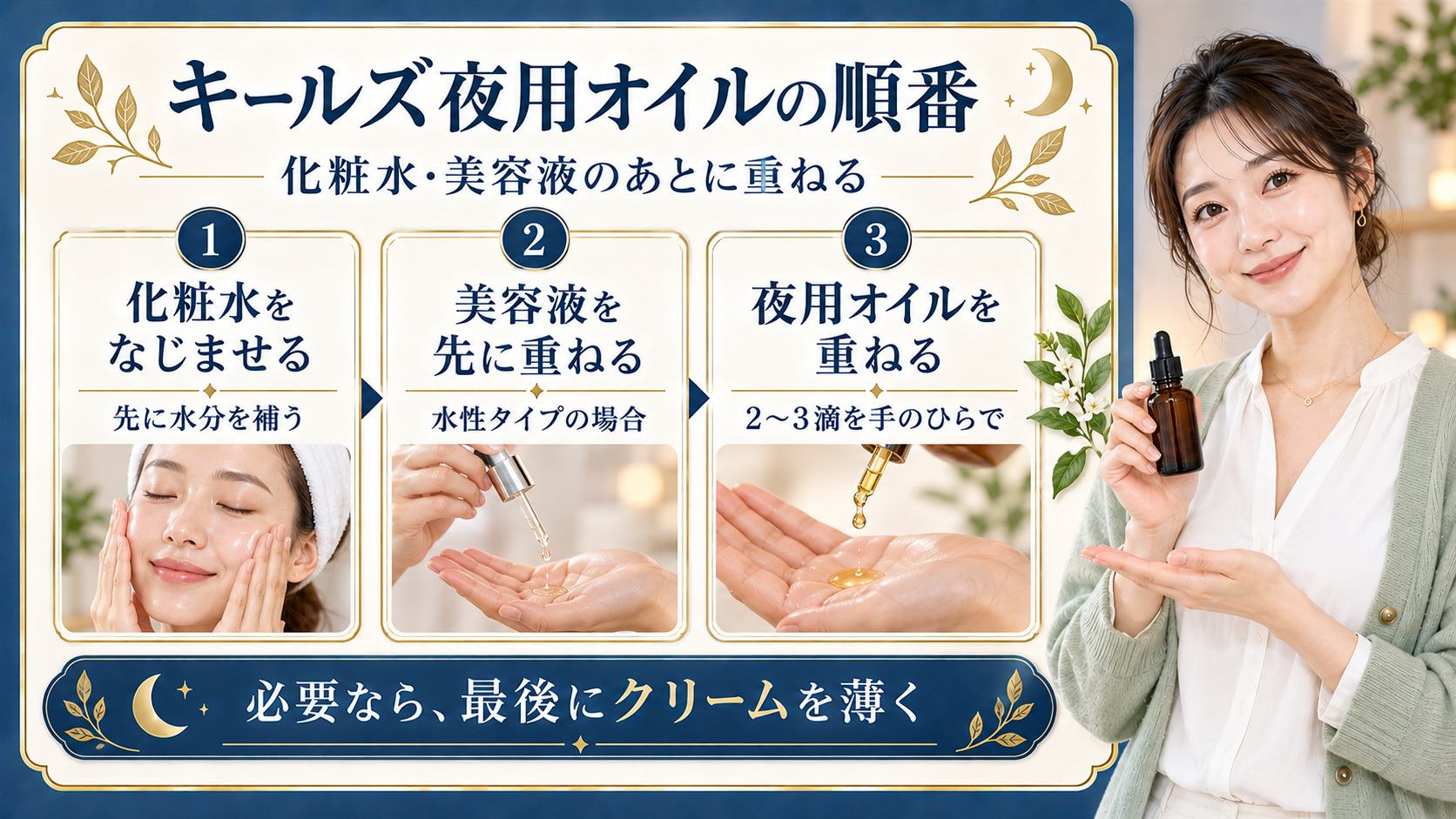 化粧水、美容液、夜用オイルの順に重ね、必要なら最後にクリームを薄く加える