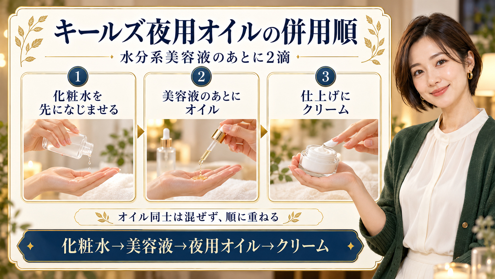 化粧水、美容液、夜用オイル、クリームを順に重ねる手順を示したアイキャッチ
