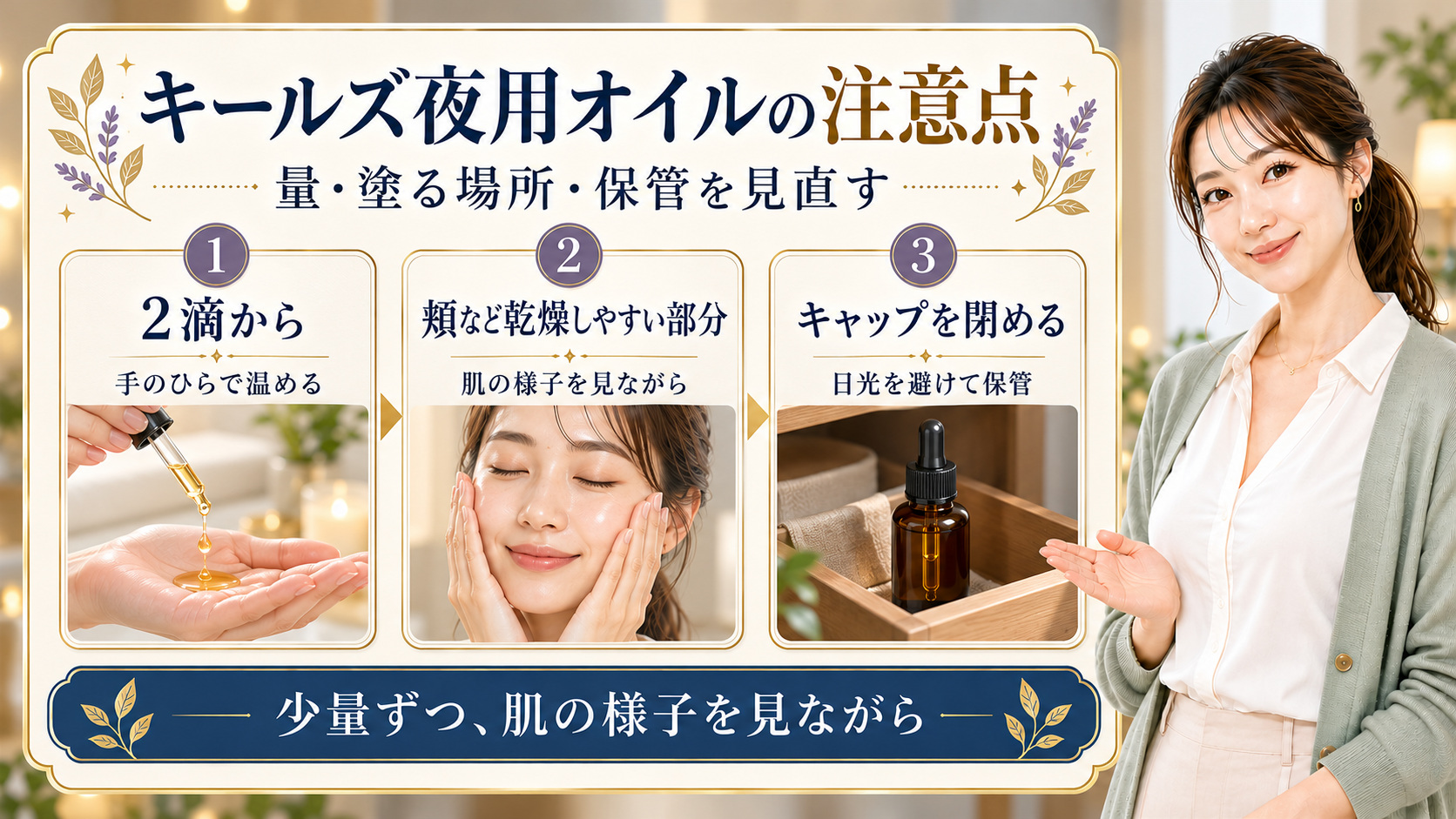 夜用オイルの使用量、塗る場所、キャップと保管方法を3つのカードで示す美容解説ボード