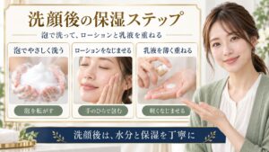 洗顔後にローションと乳液を重ねる基本的なスキンケア手順を示したアイキャッチ