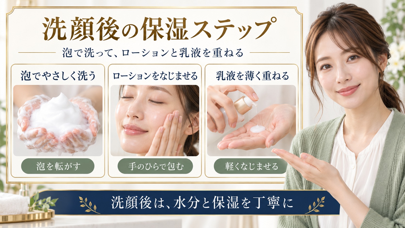洗顔後にローションと乳液を重ねる基本的なスキンケア手順を示したアイキャッチ
