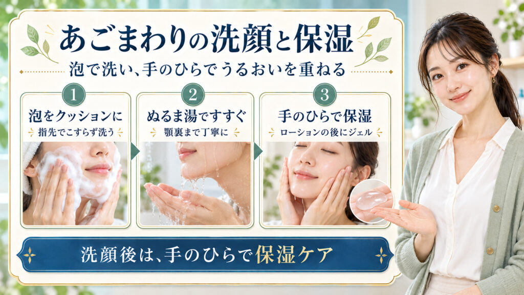 あごまわりを泡で洗い、ローションとジェルで保湿する手順を示したアイキャッチ