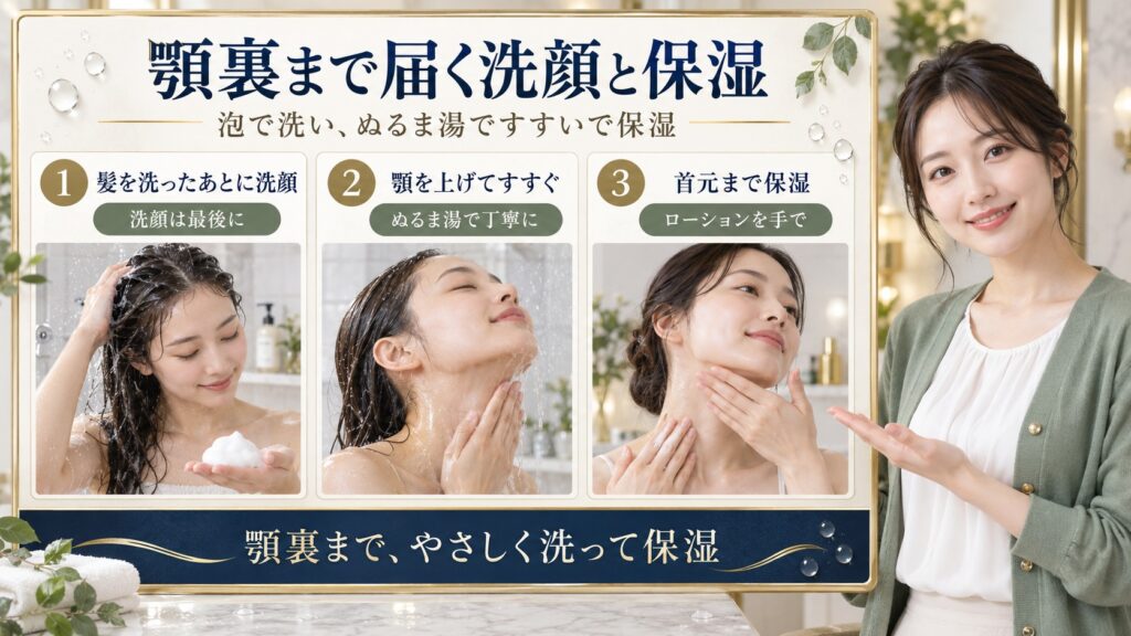髪を洗ったあとに顎裏まですすぎ、首元まで保湿する手順を示したアイキャッチ