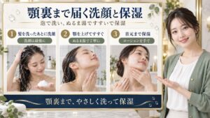 髪を洗ったあとに顎裏まですすぎ、首元まで保湿する手順を示したアイキャッチ