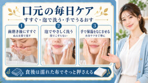 歯磨き後のすすぎ、泡洗顔、保湿を組み合わせた口元の毎日ケアを示したアイキャッチ