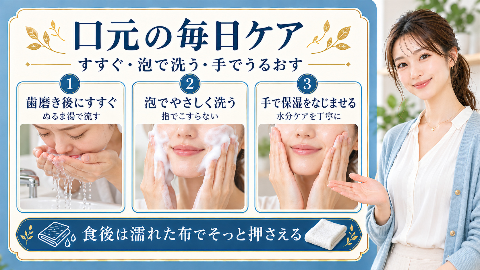歯磨き後のすすぎ、泡洗顔、保湿を組み合わせた口元の毎日ケアを示したアイキャッチ
