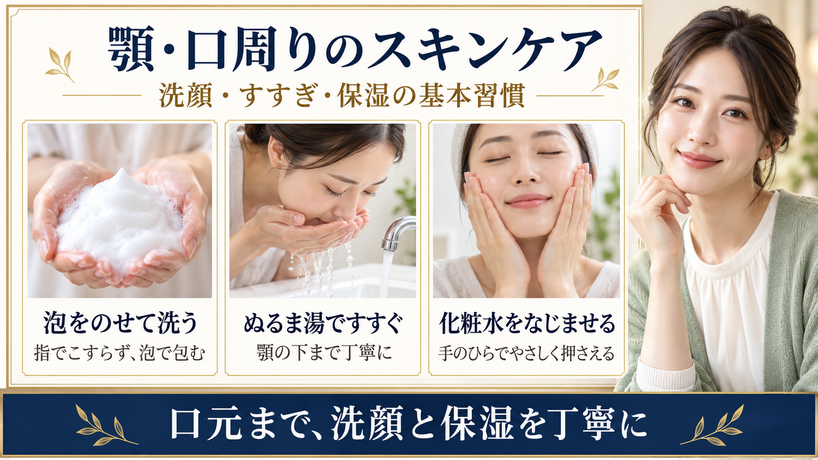 顎や口周りを泡で洗い、すすいで化粧水をなじませるスキンケア手順を示したアイキャッチ