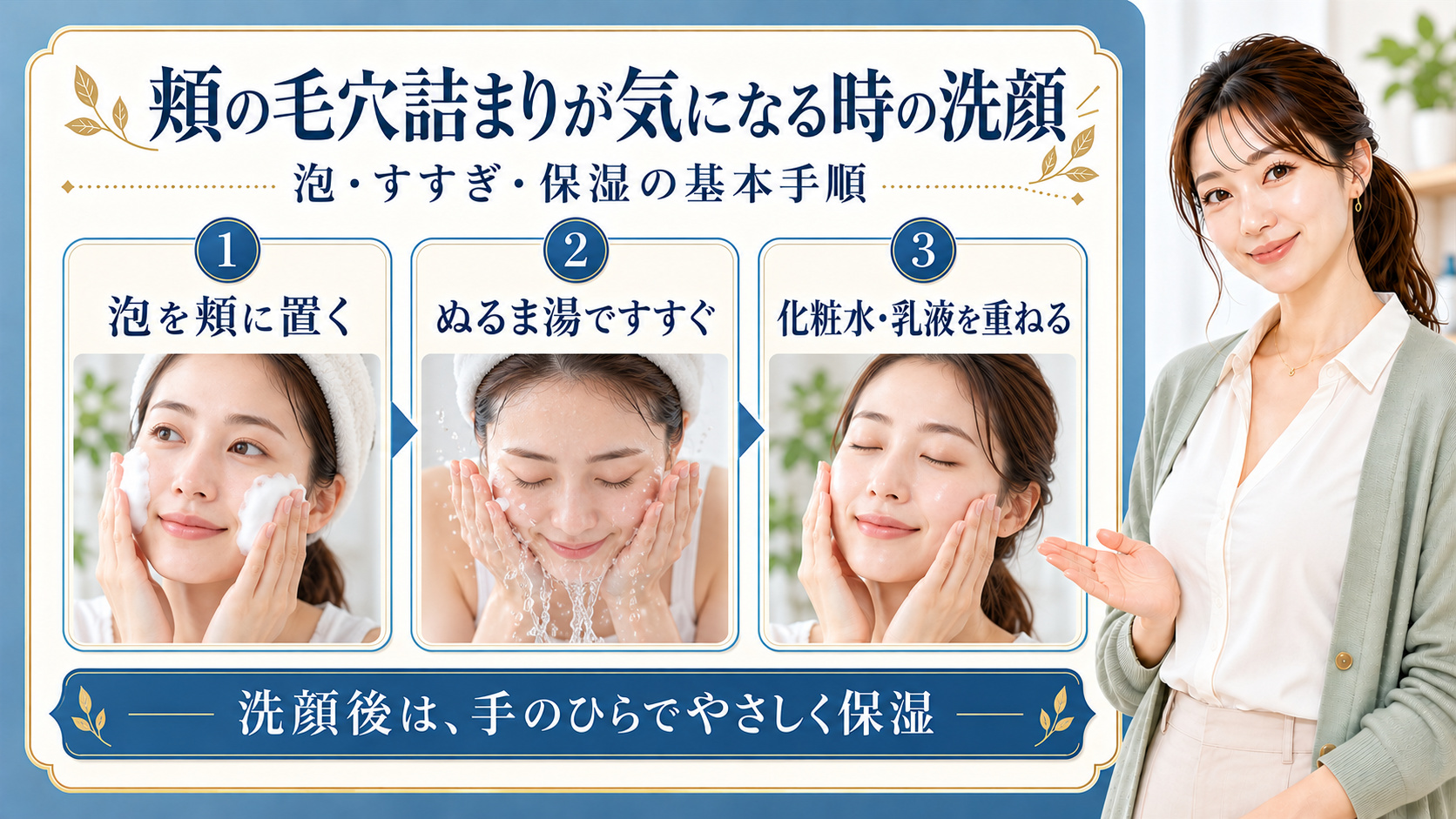 頬に泡を置いて洗顔し、ぬるま湯ですすぎ、化粧水と乳液で保湿する手順を示す美容ボード