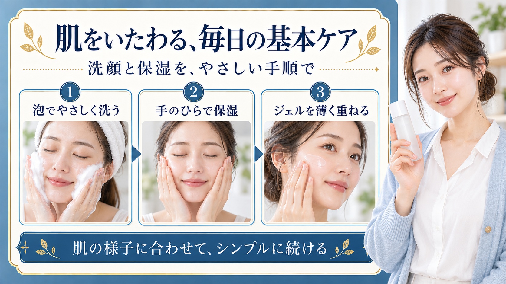 泡洗顔、手のひらでの保湿、ジェルを薄く重ねる毎日のスキンケアを示したアイキャッチ
