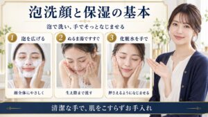 泡でやさしく洗顔し、ぬるま湯ですすいで化粧水を手でなじませる手順を示したアイキャッチ
