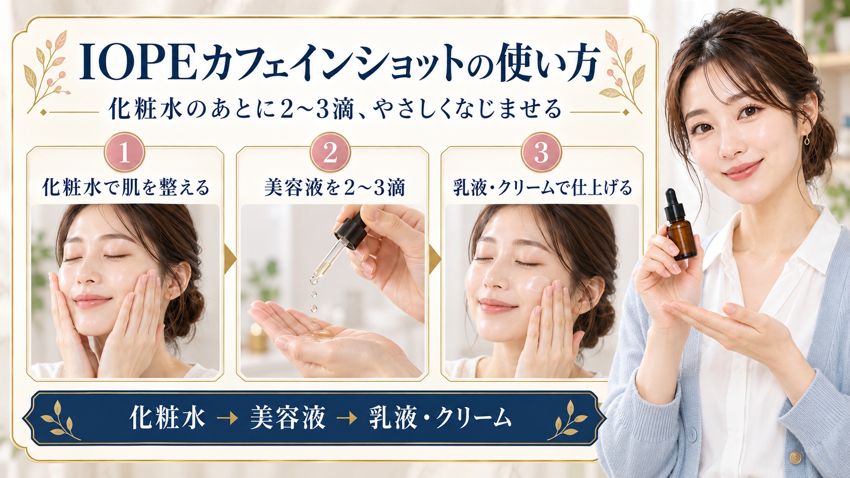 化粧水のあとにIOPEカフェインショットを2〜3滴使い、乳液またはクリームで仕上げる3ステップの美容解説ボード