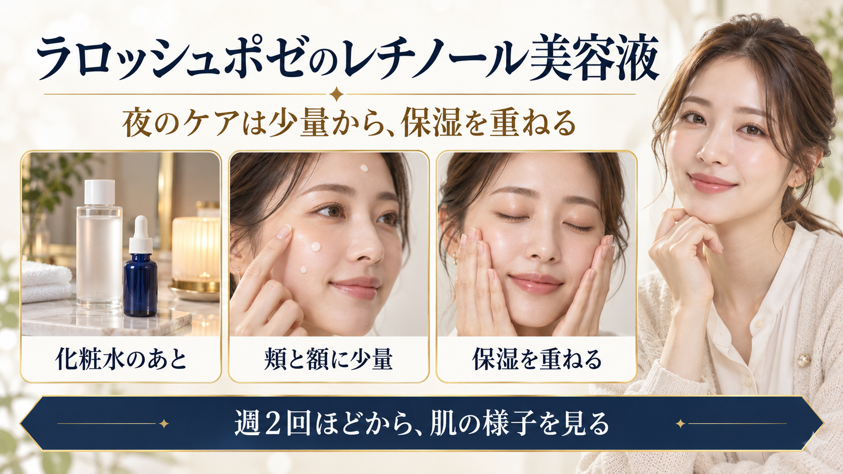 ラロッシュポゼのレチノール美容液を化粧水の後に少量使い、保湿を重ねる手順を示す美容解説ボード