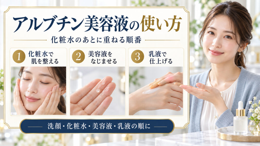 アルブチン美容液を化粧水のあとに使い、乳液で仕上げる順番を3段階の写真付きボードで示す美容アドバイザー