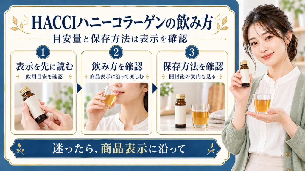HACCIハニーコラーゲンの商品表示や飲み方、保存方法の確認を示したアイキャッチ