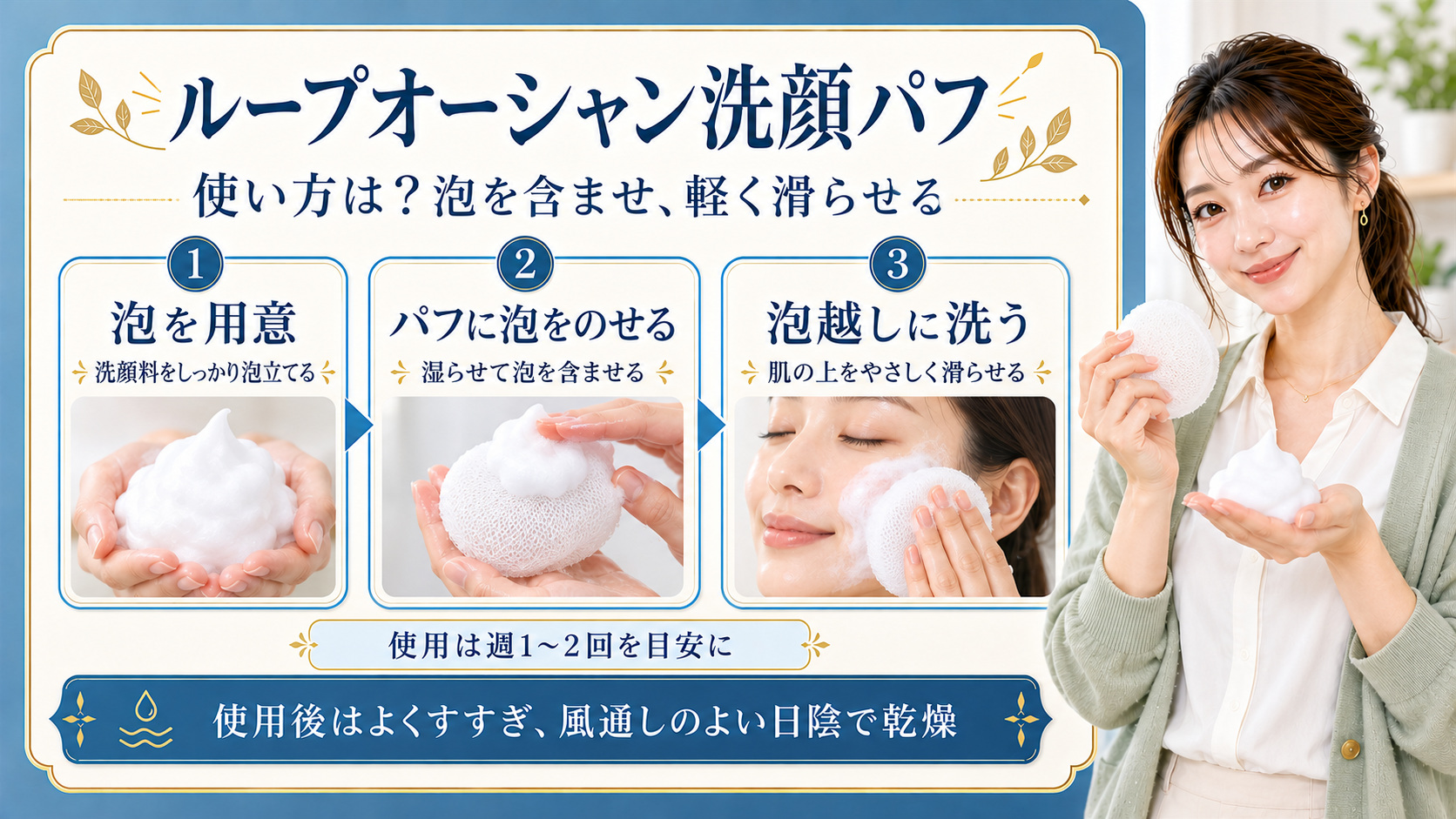 ループオーシャン洗顔パフの使い方を示す美容ボード。洗顔料を泡立て、湿らせたパフに泡を含ませて肌の上を軽く滑らせる手順。