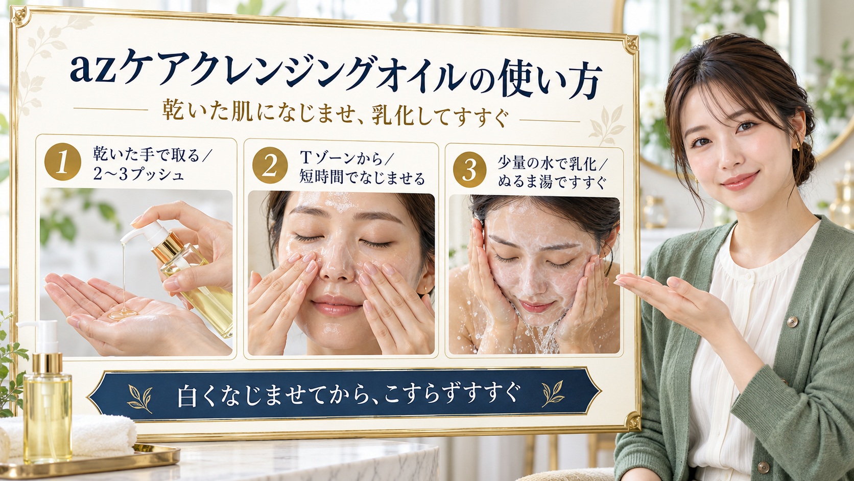乾いた手で取り、Tゾーンからなじませて乳化後にすすぐ手順のアイキャッチ