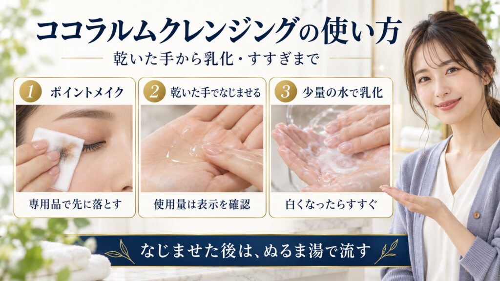 ココラルムクレンジングのポイントメイク、乾いた手でのなじませ、乳化とすすぎの3段階を示すアイキャッチ