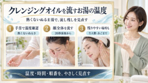 クレンジングオイルを熱くないぬるま湯で流す手順を、手首での温度確認、20秒前後のすすぎ、生え際やあごの確認で示したビューティーボード