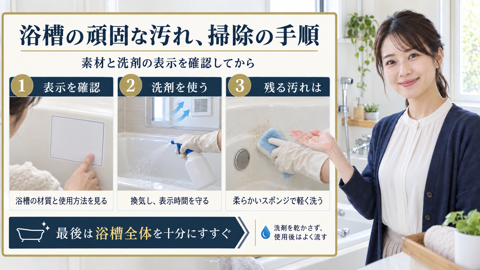 浴槽の材質と洗剤表示を確認し、換気して洗い、柔らかいスポンジでこすってすすぐ手順を示したアイキャッチ