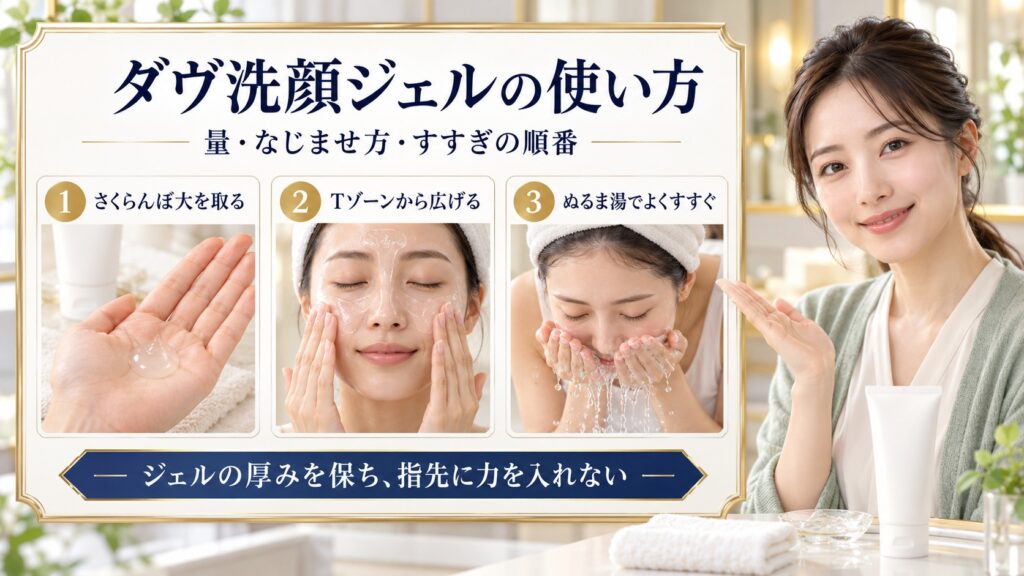 ダヴ洗顔ジェルの使用量、Tゾーンへのなじませ方、ぬるま湯ですすぐ順番を3つのカードで示す美容解説ボード
