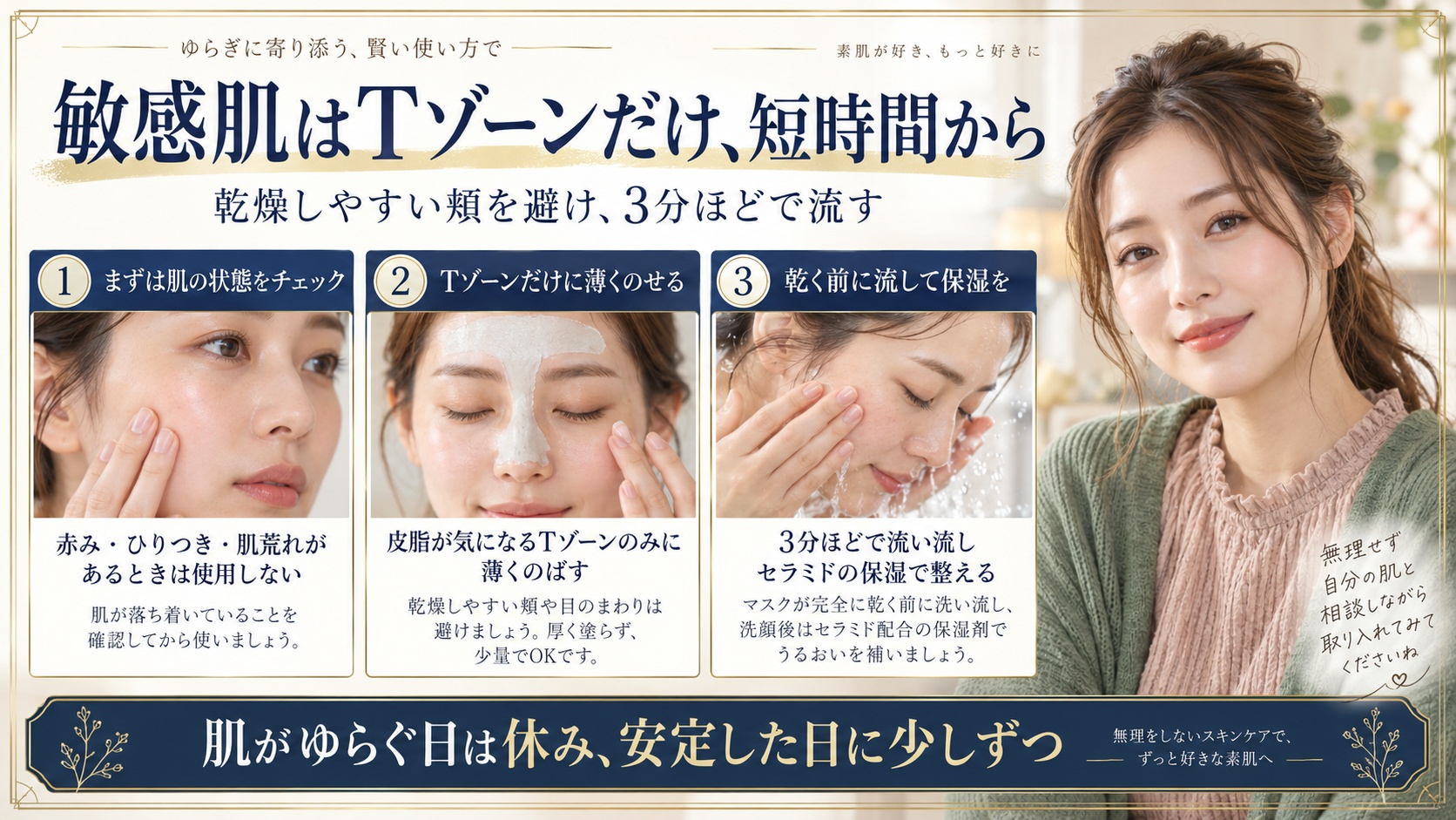 敏感肌はTゾーンだけ、短時間から