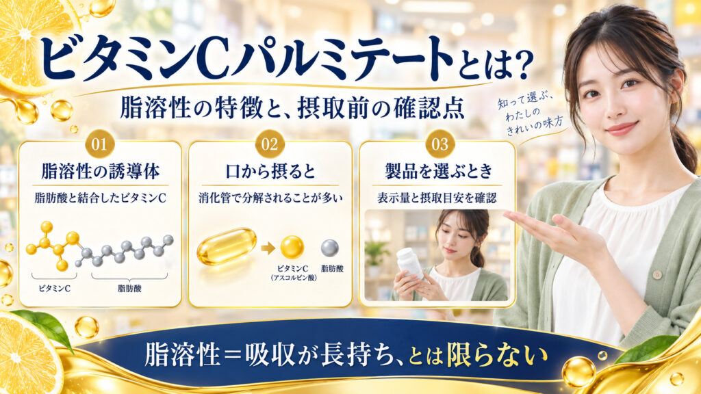 ビタミンCパルミテートの脂溶性、口から摂った後の消化管での分解、製品表示の確認点を示すアイキャッチ。